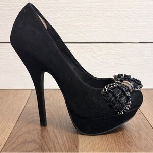 🖤🔥Black Platform Stiletto Heels w/ Rhinestone Bow-Size 5.5